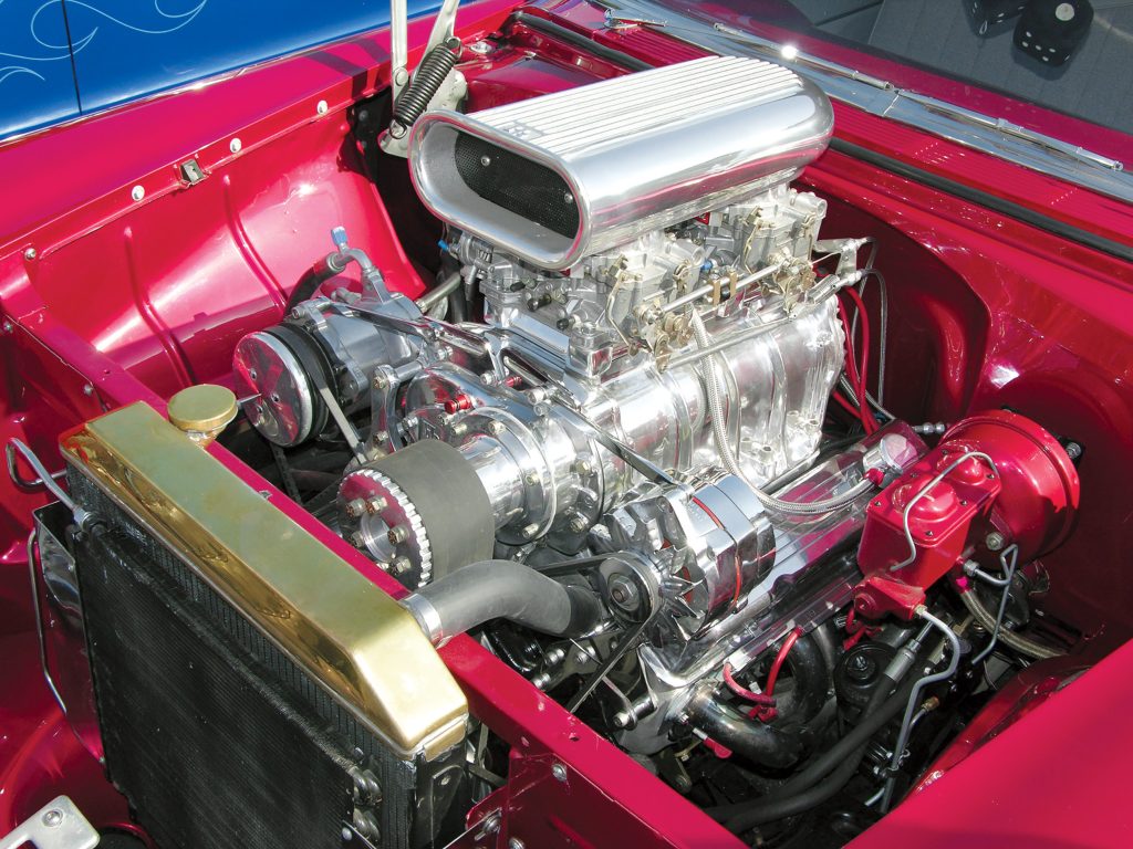 Shown is a Don Hampton 6-71 supercharger running dual 600cfm Edelbrock carburetors. The streetable 383ci small-block Chevrolet makes over 600 hp, and this ’56 Chevrolet Bel Air even has air conditioning.