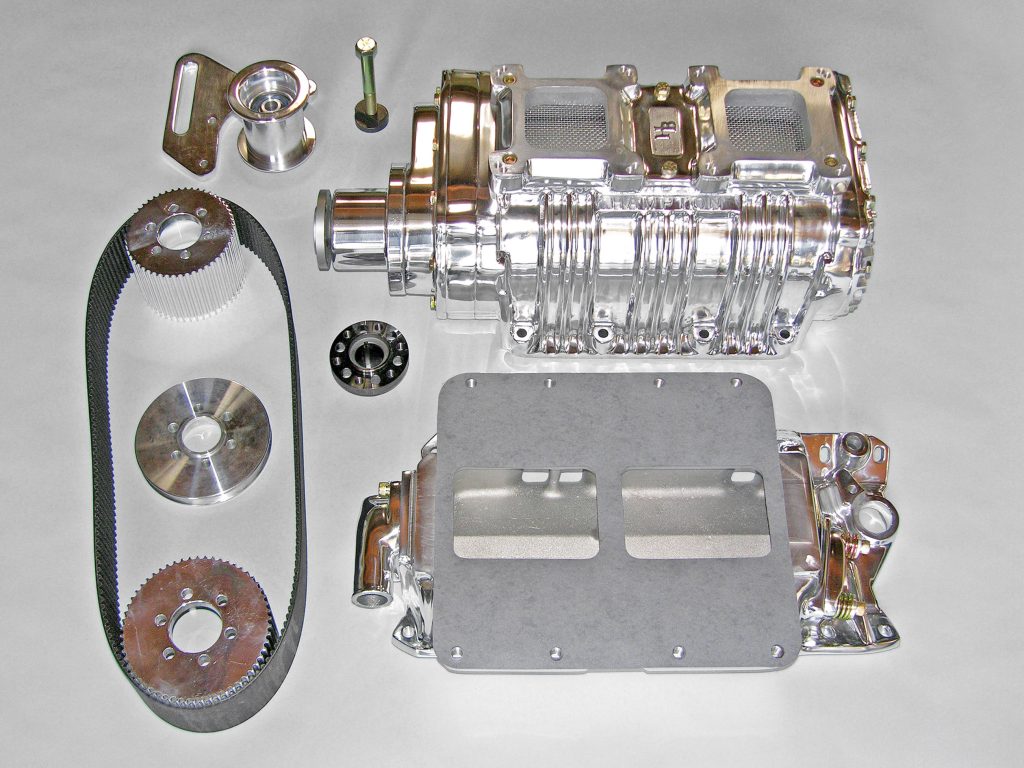 Don Hampton has been in the supercharger business since 1957. He is a pioneer in the industry and still has a thriving blower business in Downey, California. Shown is a trademark Don Hampton nine-rib 8-71 GMC supercharger setup for a small-block Chevy. When you bolt Hampton’s complete $3,200 kit onto your built bottom end, you should easily be in the 600- to 700hp range. Hampton also has 6-71 kits in the $2,700 range that produce 500 to 600 hp.