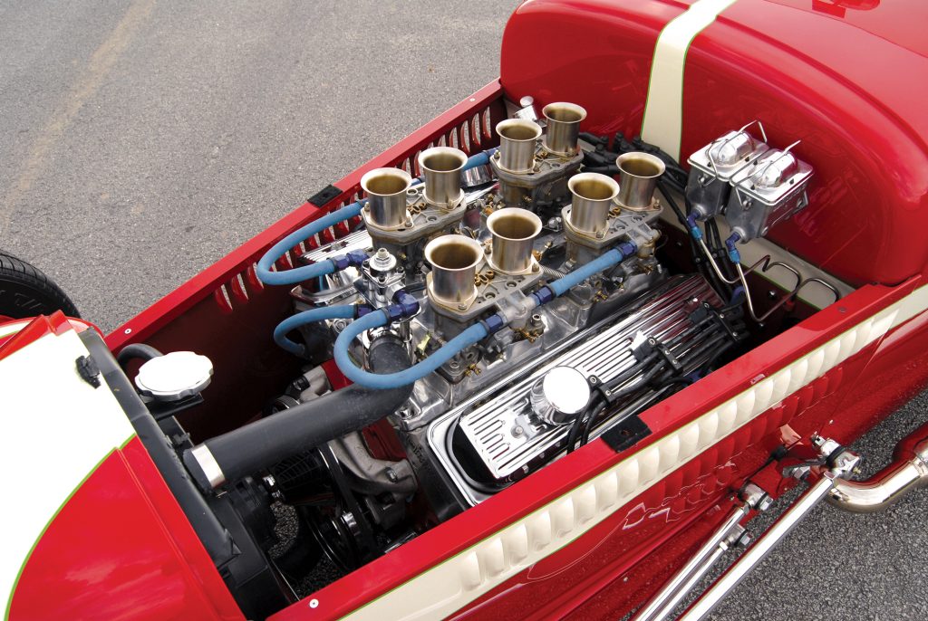 The engine looks just right inside the race-themed T roadster, but we’ll bet few old dirt-track racers had engines this nice.