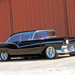 By just shaving the emblems, modifying the side trim and bringing the stock hardtop body to a state of perfection, this ’57 Ford Fairlane 500 is a timeless mild custom. The reverse-angle A-pillar allowed for the new wraparound windshield styling in 1957.