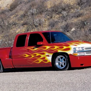 The truckʼs awesome stance comes from the Belltech dropped spindles and lowered springs in front and an Air Ride air suspension system in the rear. 