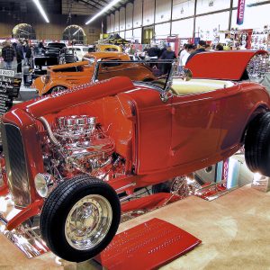One of the finest roadsters in the show belongs to Wayne and Betty Pendola from Tulare, California. Pendola has owned the ’32 for many years, and when he started updating it a while back, he decided to detail the car for the Grand National Roadster Show. Features include a steel body with an original frame, a 350ci Chevy engine, a Turbo 400 trans and a highly detailed Jaguar rear suspension.